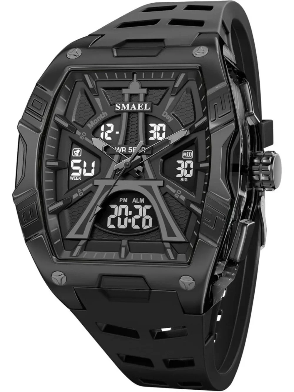 Men's Black Tonneau Analog Digital LED Backlight Stopwatch Silicone Band Watch